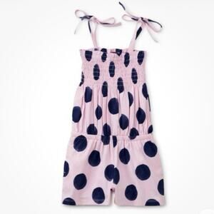 Tea Collection Girls Tie Shoulder Smocked Romper Pink Purple Cotton Polka Dot 12